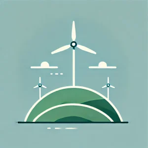 DALL·E 2025-01-28 16.29.07 - A minimalist illustration of a sustainable landscape with simple wind turbines on a green hill. The design uses basic shapes and a limited color palet